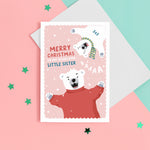 Load image into Gallery viewer, A fun Christmas card featuring two polar bears on a pink snowy background. The card reads ‘Merry Christmas to my roarsome little Sister’. The polar bears can be personalised with names to represent siblings. 
