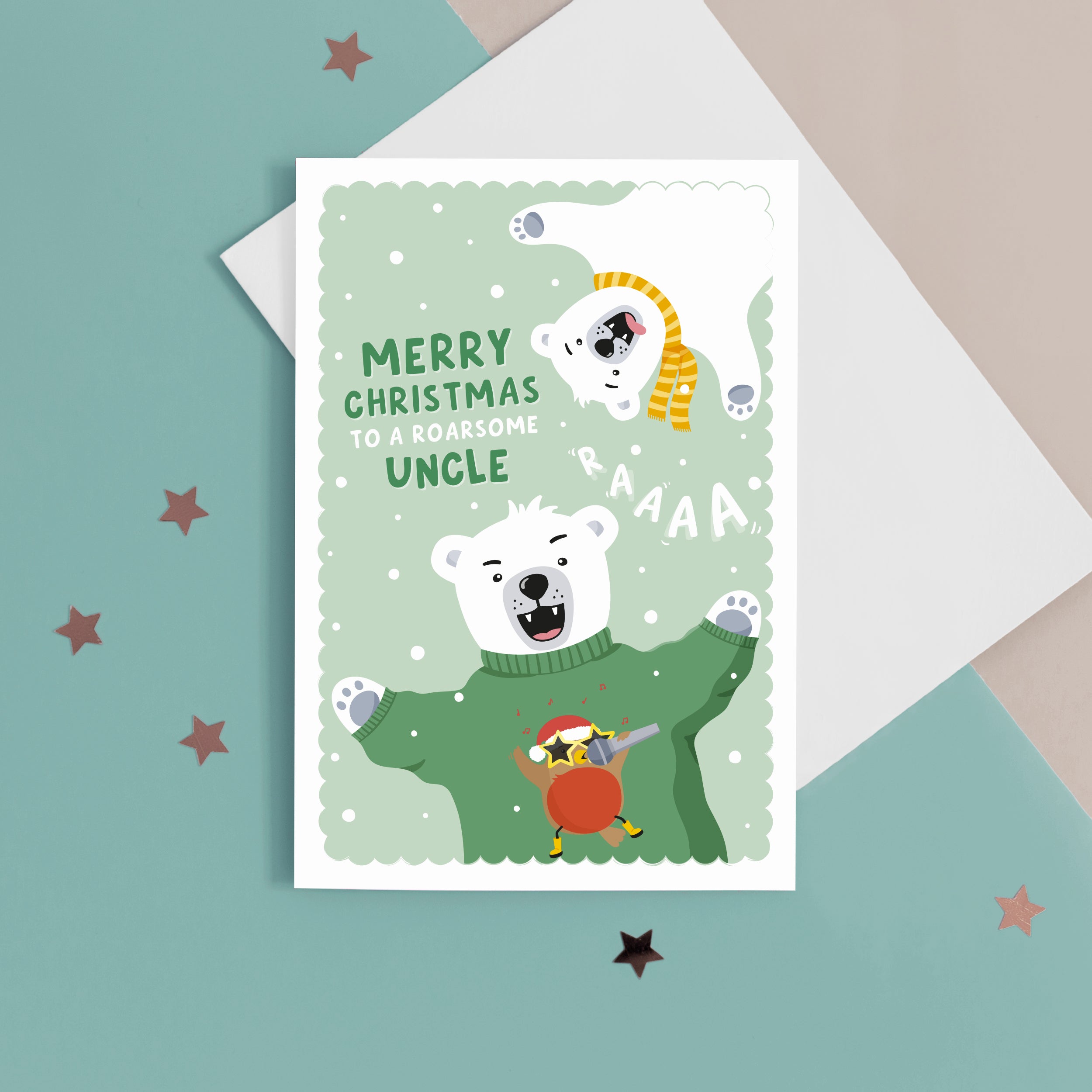 A fun Christmas card featuring two polar bears on a green snowy background. The card reads ‘Merry Christmas to my roarsome Uncle’. The card can be personalised for any recipient eg. Daddy, Grandad, Uncle etc. 