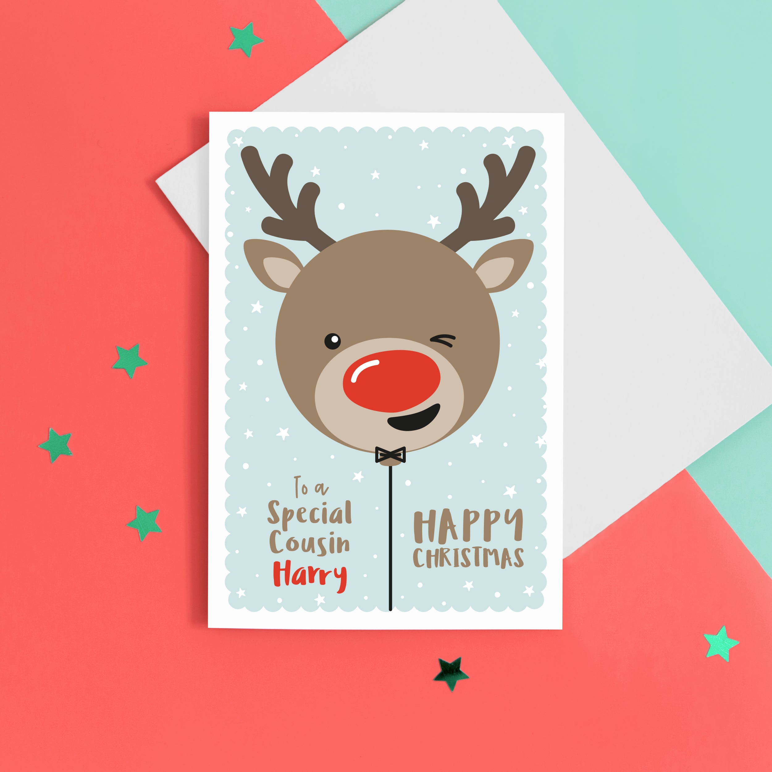 To a special Cousin, Happy Christmas. A cute personalised christmas card featuring a cheeky, winking reindeer balloon in snow and stars. Add any name and personal greeting to this card.