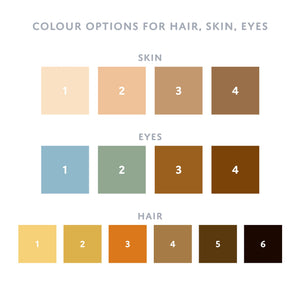 Colour options to personalise skin tones, hair colours and eye colours for custom birthday cards