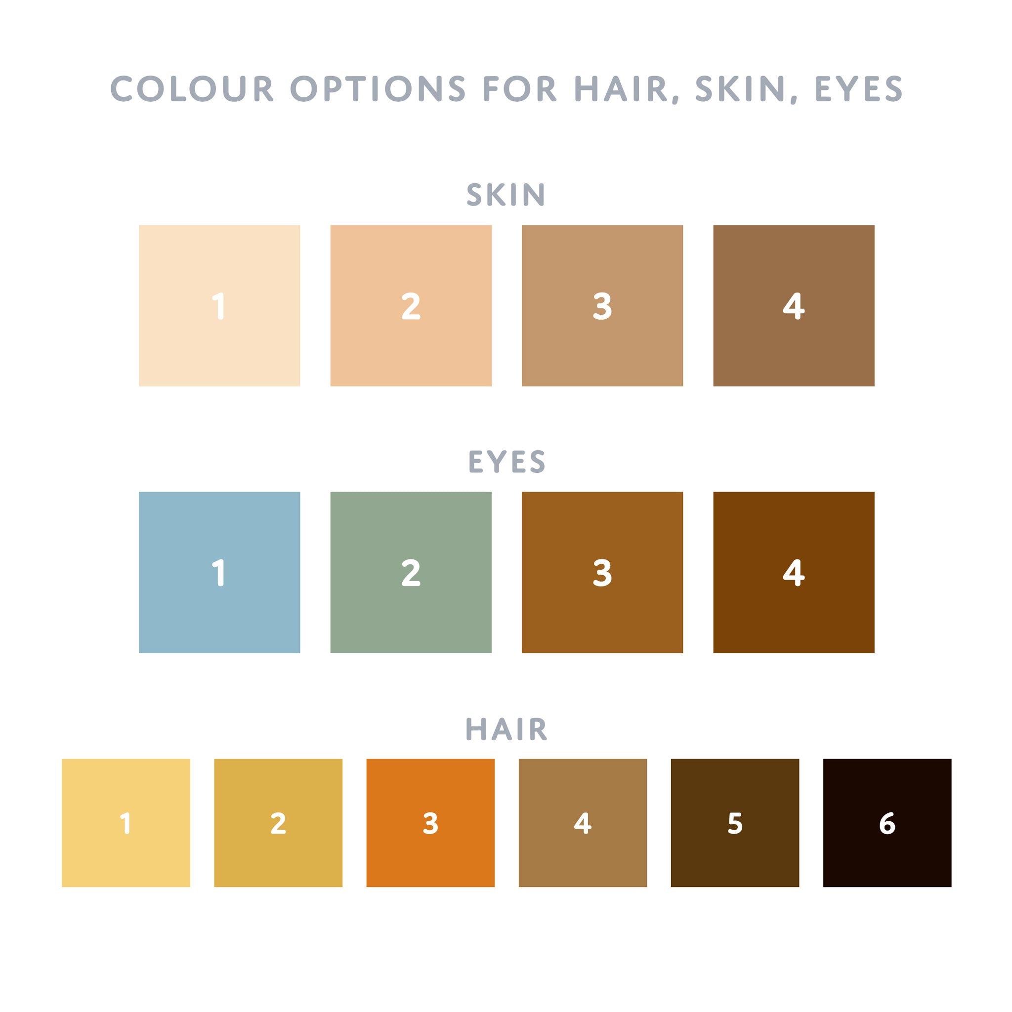 Colour options to personalise skin tones, hair colours and eye colours for custom birthday cards