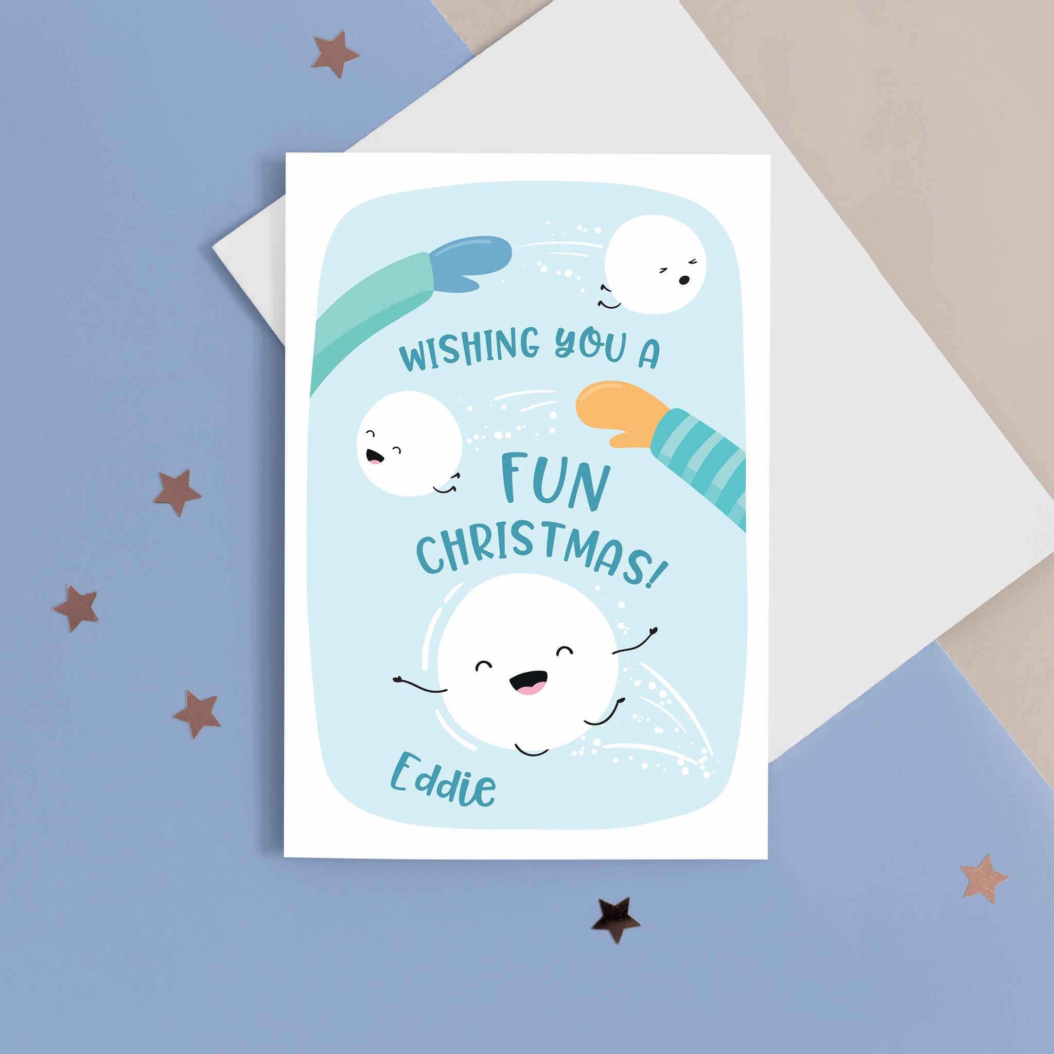 A fun Christmas card featuring two arms throwing happy snowballs with faces and the words 'wishing you a fun Christmas'. The card has a blue colourway and can be personalised with the recipients name.