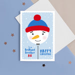 Load image into Gallery viewer, To a brilliant Brother, Happy Christmas. A cute personalised christmas card featuring a cute snowman balloon on blue background with snow and stars. Add any name and personal greeting to this card.
