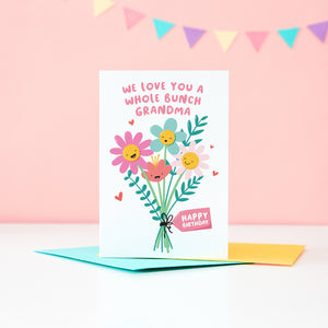 We love you a whole bunch grandma, happy birthday. A super cute card featuring a bunch of happy smiling flowers and a collection of small hearts. This card can be personalised with grandma’s preferred name.