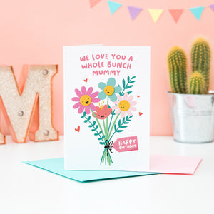 We love you a whole bunch mummy, happy birthday. A super cute card featuring a bunch of happy smiling flowers and a collection of small hearts. This card can be personalised with mummy’s preferred name.