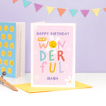 Load image into Gallery viewer, Happy birthday to my wonderful nana. Personalised birthday card with colourful text and a smiling daisy to suit whatever you call your grandma, granny, nana, gran.
